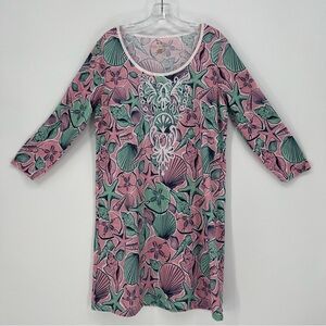 Simply Southern Midi T-Shirt Dress Large Long Sleeve Pink & Green Sea Shells